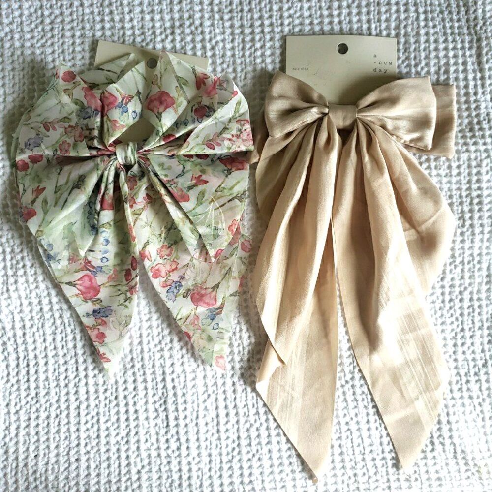 A New Day Floral Satin Hair Bow Clip Lot of 2 Cream Pink Long Tail Barrette